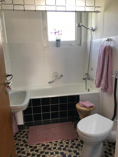 ein Badezimmer mit Badewanne, Toilette und Waschbecken in der Unterkunft Ferienhaus Anita am Radweg in Hornbach