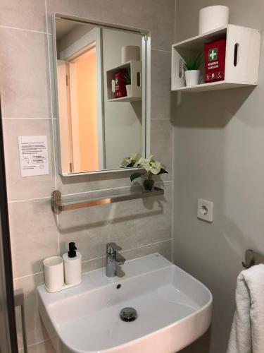 a bathroom with a sink and a mirror at Telma-Playa Gran terraza by AlohaMalaga in Málaga