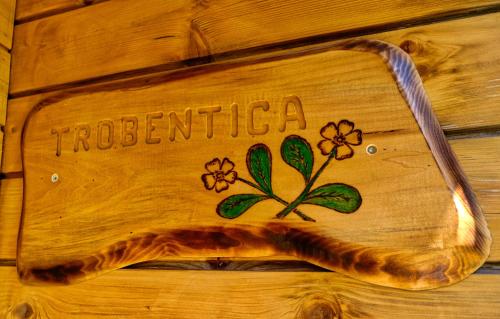 a sign on a wooden wall with the word transplanta at Glamping Brodej in Vitanje