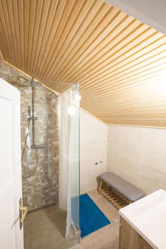 a shower in a bathroom with a wooden ceiling at Alsóörs Pagony in Alsóörs