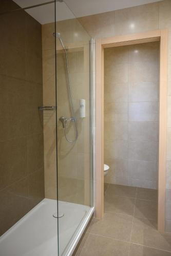 a shower with a glass door in a bathroom at Albatros Family in Salou