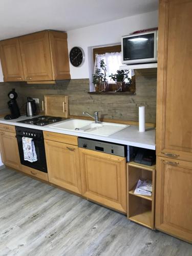 a kitchen with a sink and a microwave at Ferienhaus Anita am Radweg in Hornbach