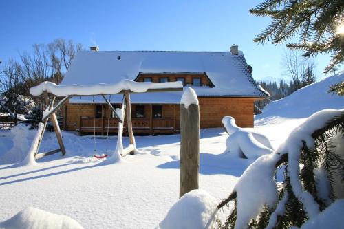 a log cabin in the snow with a swing at Chata Škerda - Zuberec in Zuberec