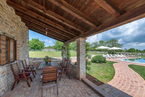 a patio with a table and chairs and a pool at Villa Bendek in Bokordići