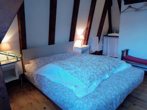 um quarto com uma cama com lençóis azuis e 2 candeeiros em Chalet Lou Griou em Saint-Jacques-des-Blats