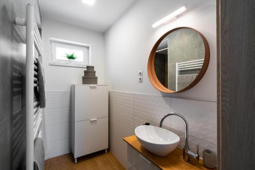 a bathroom with a sink and a mirror at Captain’s Home Kenese Apartman in Balatonkenese