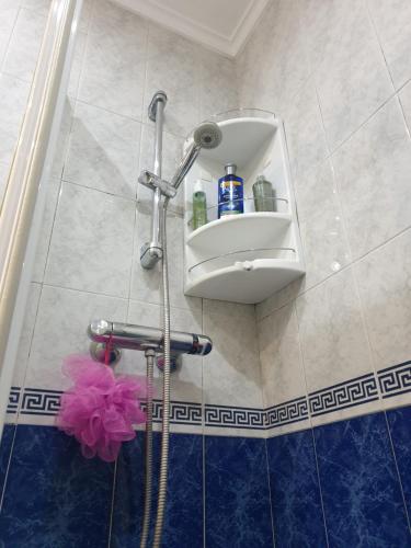 y baño con ducha y estante en la pared. en Alberto Astur Habitaciones privadas màs cocina compartida, en Oviedo
