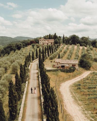 a bride and groom walking down a road in a vineyard at Castello Di Meleto in Gaiole in Chianti