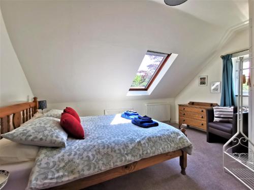 a bedroom with a bed with red pillows and a window at Wellstone Cottages - Honeysuckle in Llanfyrnach