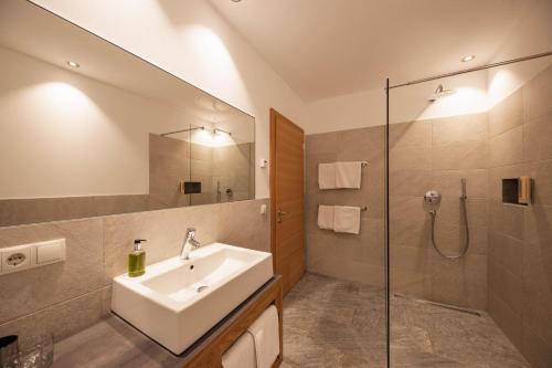 y baño con lavabo y ducha. en Apartment Linea Palus, en Plaus
