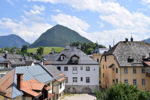 a view of a town with mountains in the background at Frühstückspension Josefinum in Bad Aussee