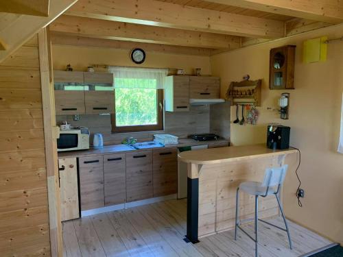 una cocina con armarios de madera y una encimera en una cabaña en Rekreační pobyt, en Tichá