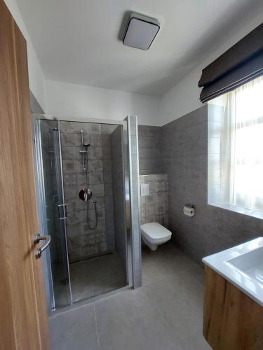 a bathroom with a shower and a toilet at Pálffy59 Vendégház in Köveskál