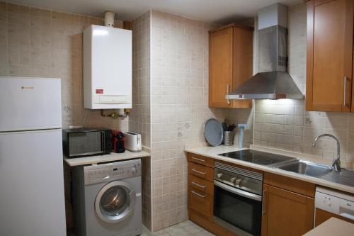 eine kleine Küche mit Waschmaschine und Spüle in der Unterkunft Apartamento Toran in Les