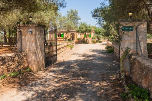 a gate to a house with trees and a dirt road at Villa Es Tres Pins in Campos