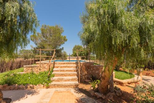 a set of stairs with a tree and a pool at Villa Es Tres Pins in Campos
