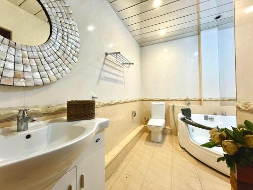 a bathroom with a sink and a toilet and a mirror at Apartments Emili in Yerevan