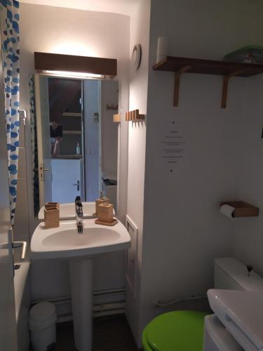 a bathroom with a sink and a toilet and a mirror at Duplex 3 pièces. Pieds des pistes et balcon! in Gresse-en-Vercors