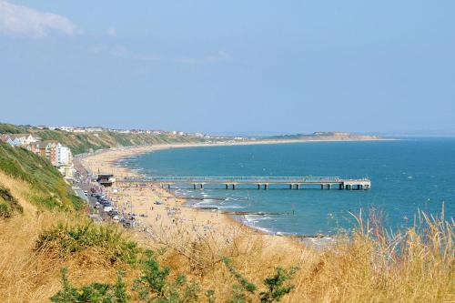 a view of a beach with a pier in the water at Boscombe Spa Hotel in Bournemouth