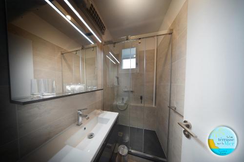 ein Bad mit einem Waschbecken und einer Dusche in der Unterkunft UNE TERRASSE SUR LA MER 3 pers 2 chambres VUE MER in Cassis