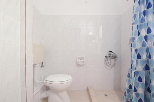 a white bathroom with a toilet and a shower at Galini Apartments in Achlia