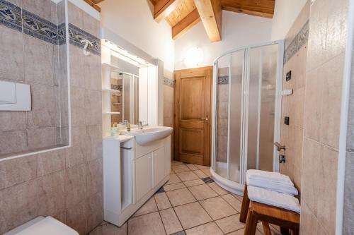 a bathroom with a sink and a shower and a toilet at Villetta Val Di Sole in Commezzadura
