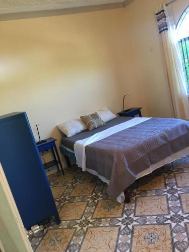 a bedroom with a bed and a tv in it at Arms of Charms Guesthouse in Sandy Bay