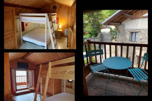 2 zdjęcia domku z łóżkiem piętrowym i balkonem w obiekcie Maison individuelle chaleureuse au calme w mieście Bourg-Saint-Maurice