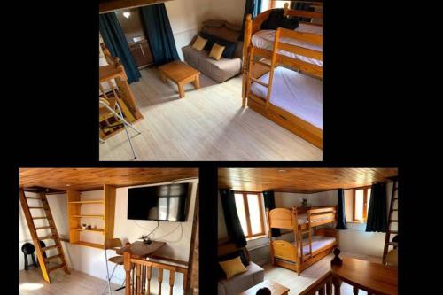3 fotos de una habitación con dormitorio y sala de estar en Maison individuelle chaleureuse au calme, en Bourg-Saint-Maurice