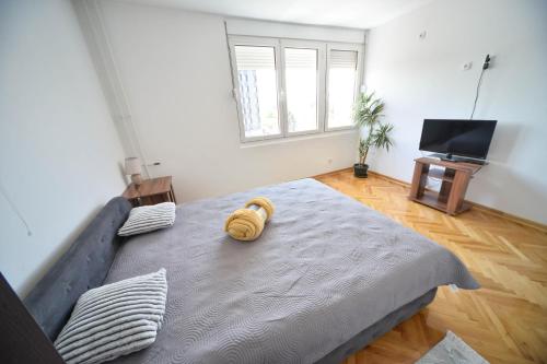 a large bed in a room with a television at Apartman Centar Lux in Pirot