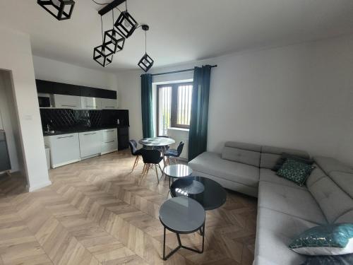 a living room with a couch and a table at Apartamenty Chopina 1 in Bydgoszcz