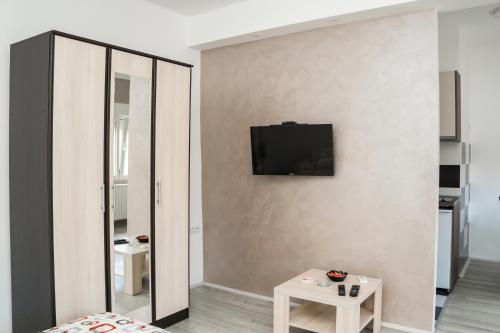 a living room with a television on a wall at CITY APARTMENT BB in Bajina Bašta