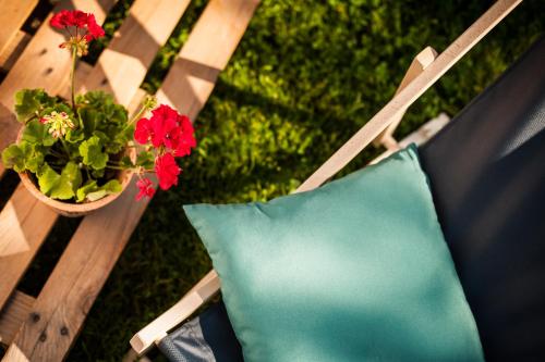 a blue pillow and a potted plant on a bench at Dom Pod Orzechem in Łapczyca