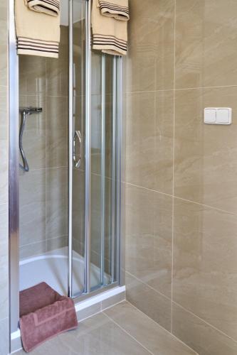 a bathroom with a shower with a glass door at Vila Lovců králových in Český Krumlov