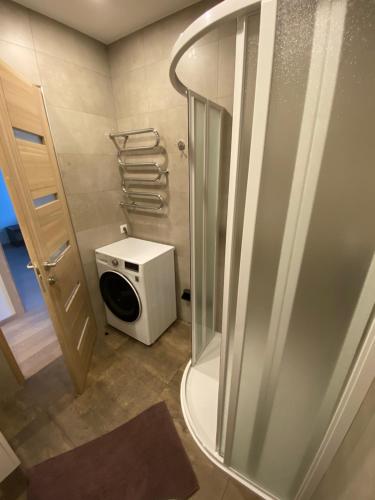 a small bathroom with a shower and a toilet at Pilkopė in Nida