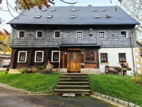una pintura de una casa con porche en Apartmány Tollendorf Lužické hory en Jiřetín pod Jedlovou