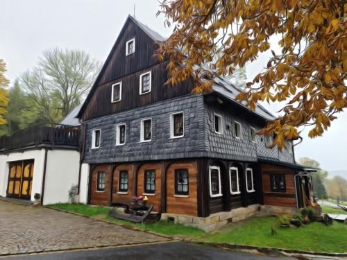 ein großes Holzhaus mit schwarzem Dach in der Unterkunft Apartmány Tollendorf Lužické hory in Jiřetín pod Jedlovou
