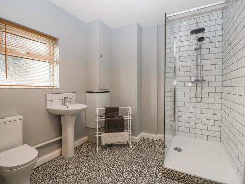 a bathroom with a toilet and a sink and a shower at Muskoka Lodge in Midsomer Norton