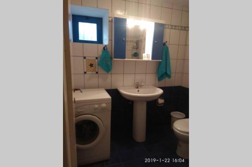 ein Badezimmer mit einer Waschmaschine und einem Waschbecken in der Unterkunft Blue Velvet apartment in Paránimfoi