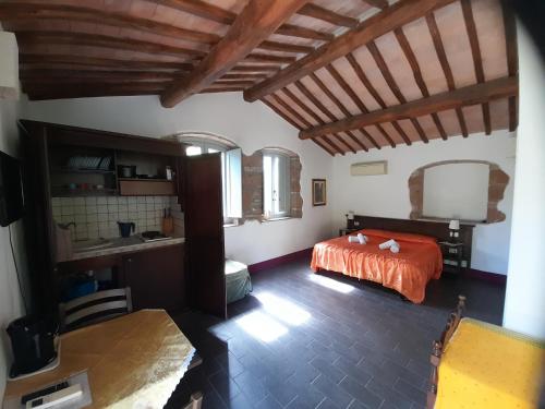a bedroom with a bed in a room with wooden ceilings at Il Sentiero in Acquapendente