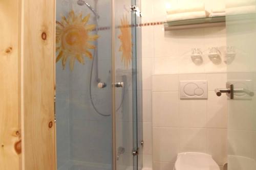 a bathroom with a shower with a glass door at Hotel Mariandl - Singender Wirt in Haibach