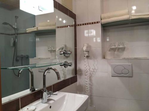 a bathroom with a sink and a mirror at Hotel Mariandl - Singender Wirt in Haibach