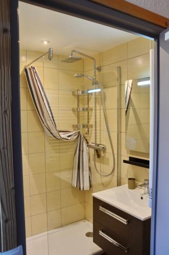 une salle de bain avec douche et lavabo dans l'établissement Ski Sun, à L'Alpe-d'Huez