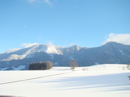 a snow covered field with mountains in the background at Gästehaus St. Bartholomä in Samerberg