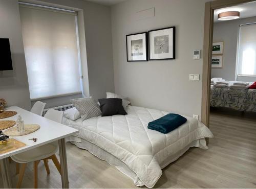 a bedroom with a bed and a couch in it at Apartamentos Puertas del Orbigo in Carrizo de la Ribera