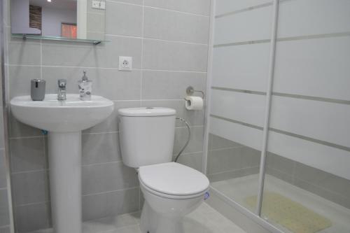 La salle de bains est pourvue de toilettes, d'un lavabo et d'une douche. dans l'établissement Fantastic 1 bedroom Apartment with Gallery CB6EV, à Alicante