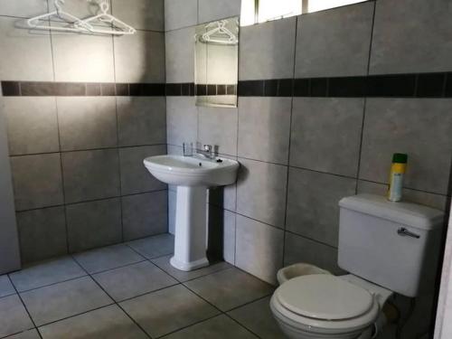La salle de bains est pourvue de toilettes et d'un lavabo. dans l'établissement Wildebeespan Bed and Breakfast, à Delareyville