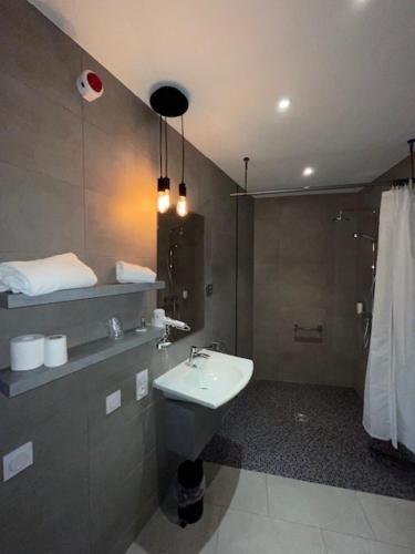 a bathroom with a sink and a shower at Hôtel Logis Restaurant La Fontaine in Mantry