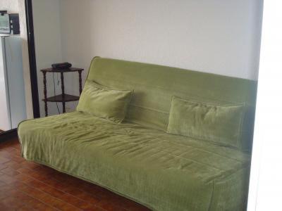 - un canapé vert avec 2 oreillers sur le parquet dans l'établissement studio la baronnie de la mer, au Grau-du-Roi