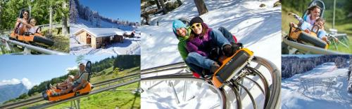 a collage of photos of a woman riding a ski lift at T2 Immeuble Chanteclerc 6 personnes 37m2 PRALOUP 1600 in Uvernet-Fours